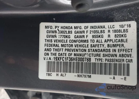 2017 Honda Civic Ex-T from USA, damaged, VIN 19XFC1F36HE000788